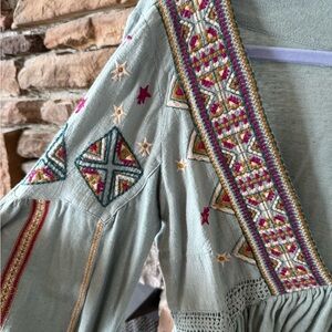 Free People Boho Embroidered Blouse in Soft Green